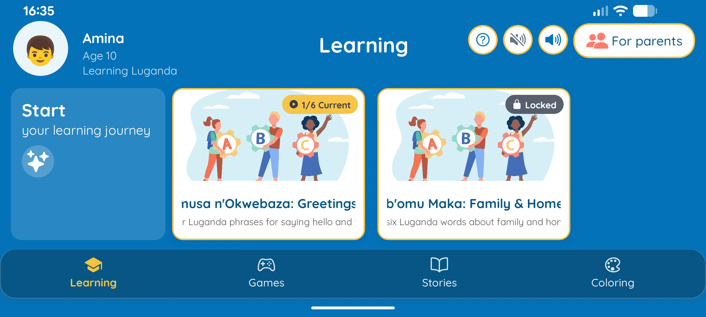 The Baby Steps Luganda learning hub with greeting and family learning paths