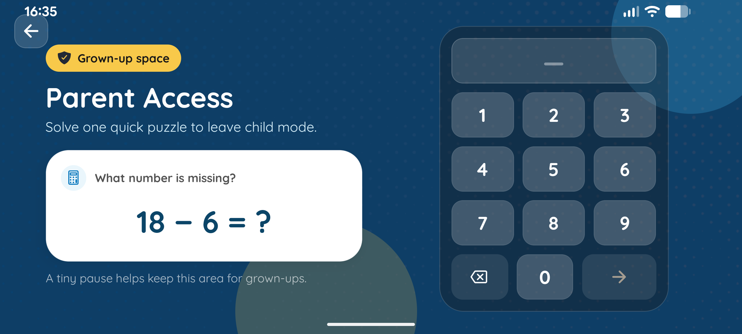 Baby Steps parent gate asking a simple grown-up maths question