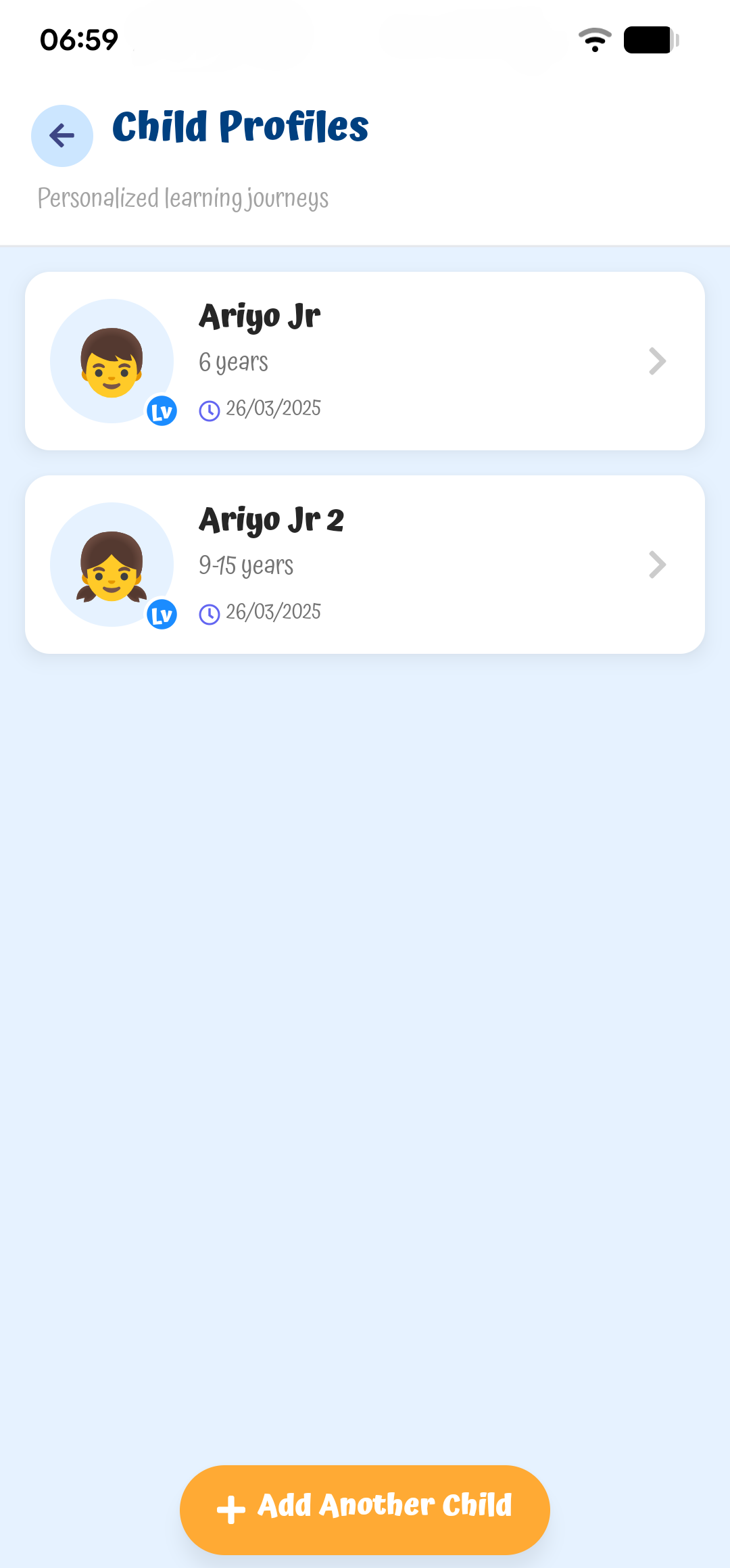 Baby Steps parent screenshot: Child Profiles