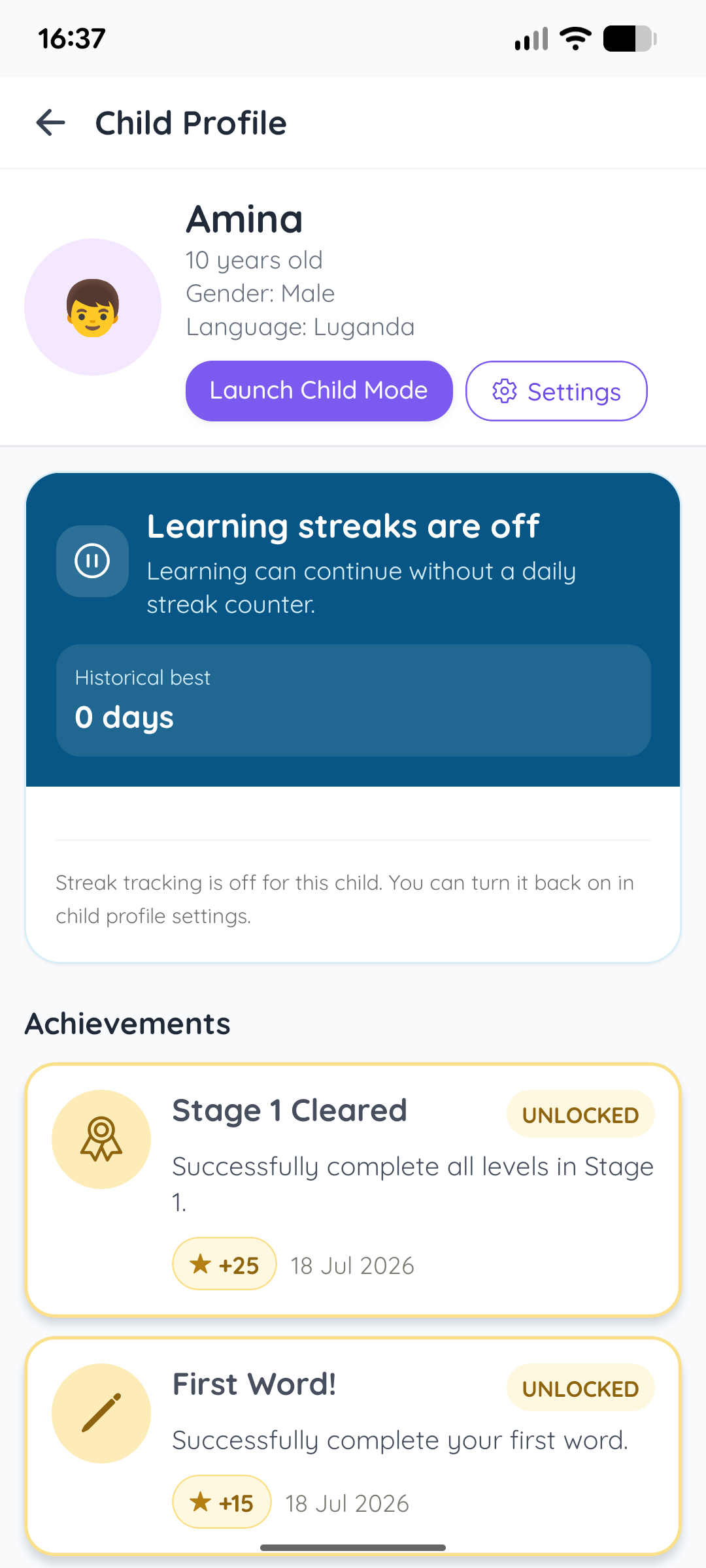 Baby Steps parent screen: Progress without pressure