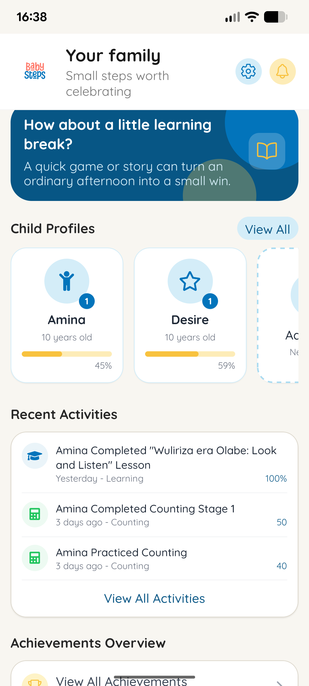 Baby Steps parent screen: A calm weekly overview