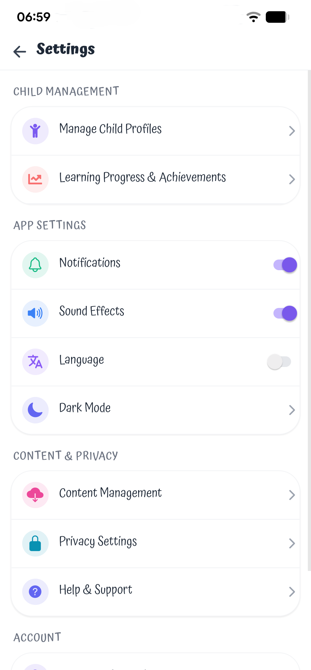 Baby Steps parent screenshot: Settings: English